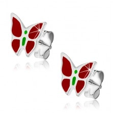 Сребърни обеци на винт – червено-зелена пеперуда