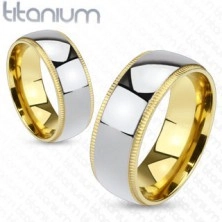 Титаниев пръстен в сребърен цвят със златни набраздени краища