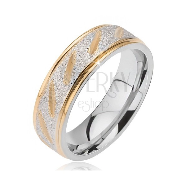 Венчален пръстен от стомана – матова централна част със златни нарези и ръбове