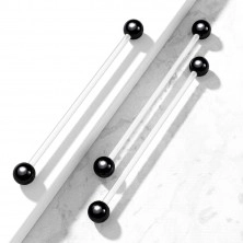 Гъвкав пиърсинг - прозрачен барбел с лъскави топчета в черен цвят