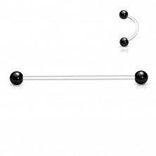 Гъвкав пиърсинг - прозрачен барбел с лъскави топчета в черен цвят