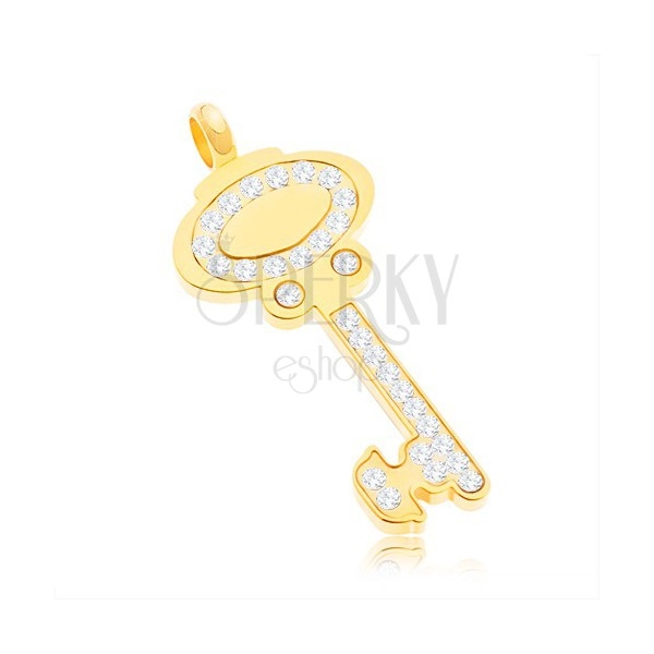 Висулка от хирургическа стомана - ключ в златен цвят, украсен с прозрачни цирконии