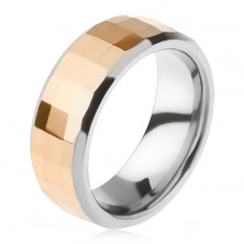 Волфрамов пръстен - двуцветен, златиста ивица, полирана на геометрични фигури