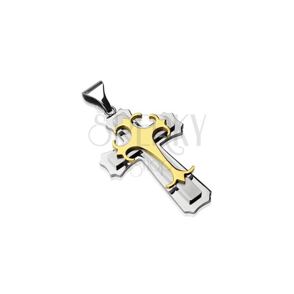 Висулка, изработена от медицинска стомана - троен кръст в златен и сребрист цвят