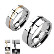 Стоманени сватбени пръстени в сребрист цвят, златна или черна ивица с цирконий