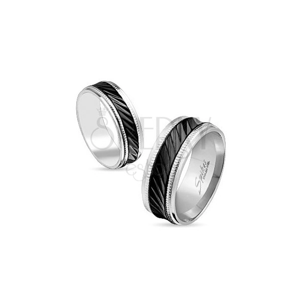 Стоманена халка, пръстен в сребрист цвят, черна ивица с диагонални резки, нарези, 6 мм