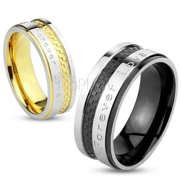 Стоманен пръстен, халка в сребрист и златист цвят, шахматна шарка, Forever Love - Вечна любов, 6 мм