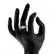 Годежен пръстен, направен от сребро проба 925, голям, прозрачен камък, разделени, циркониеви рамене