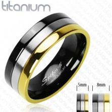 Титаниев пръстен с оникс, сребърна и златна лента