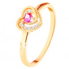 585 златен пръстен - розово цирконово сърце в двоен контур