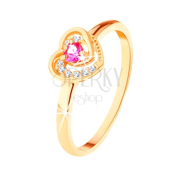 585 златен пръстен - розово цирконово сърце в двоен контур