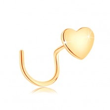 Пиърсинг за нос от жълто 14К злато, извит модел - плоско сърце