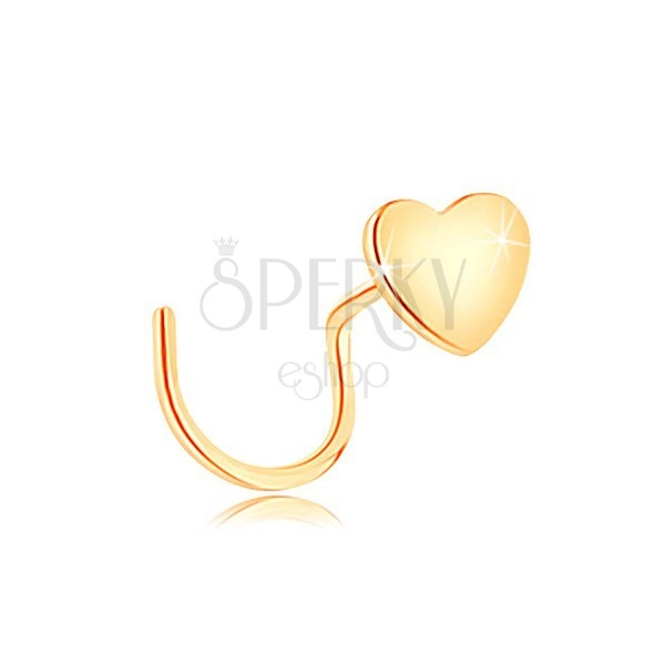 Пиърсинг за нос от жълто 14К злато, извит модел - плоско сърце