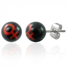 Малки обеци на винт - мъниста топчета със символ на жена