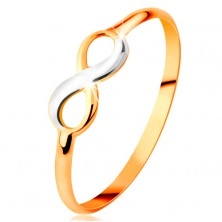 Златен пръстен проба 585 - двуцветен лъскав символ на безкрайност, тесни гладки рамене