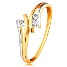 Диамантен златен пръстен проба 585, три бляскави прозрачни брилянта, разделени двуцветни рамене