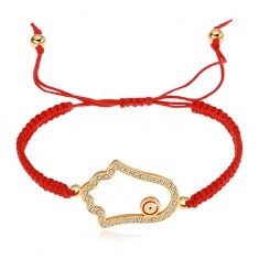 Плетена регулируема гривна в червен цвят, символ Хамса, прозрачни циркони