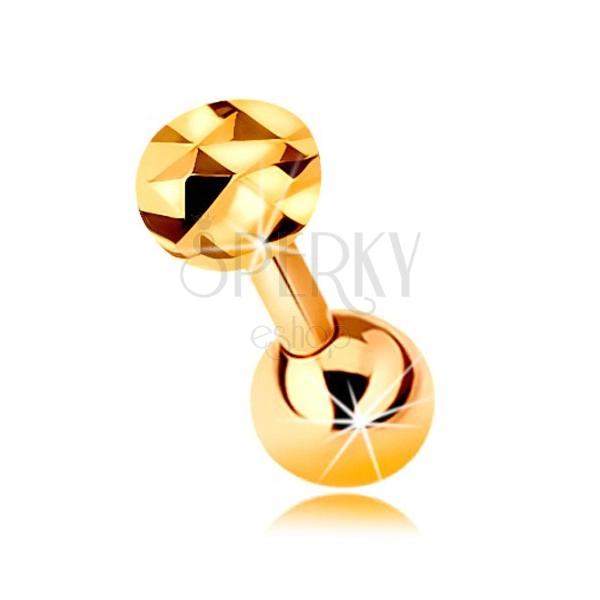 14-каратов златен пиърсинг за ухо - лъскав прав барбел с топче и блестящ кръг, 5 мм