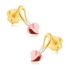 Брилянтни обеци - жълто и розово 14-каратово злато, сърце на стъбло, диаманти