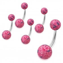 Пиърсинг за пъп - розово-бели FIMO топки с абстрактен мотив