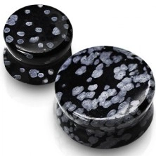 Плъг за ухо - обсидиан, полускъпоценен камък в черен цвят, мраморен ефект