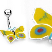 Пиърсинг за пъп - пеперуда в жълто и синьо