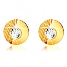 14K златни обеци - кръг с резки, гладък полукръг, инкрустиран с кръгъл цирконий, на винт
