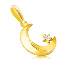 14К златна висулка – луна със скосени краища, набраздяване, малък, кръгъл цирконий