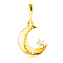14К златна висулка – луна със скосени краища, набраздяване, малък, кръгъл цирконий