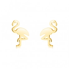 14К златни обеци – фламинго, стоящо на един крак, гладка повърхност, на винт