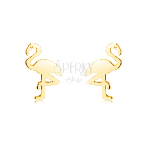 14К златни обеци – фламинго, стоящо на един крак, гладка повърхност, на винт