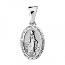Двустранна сребърна висулка проба 925 – овален медальон с Дева Мария, матова повърхност