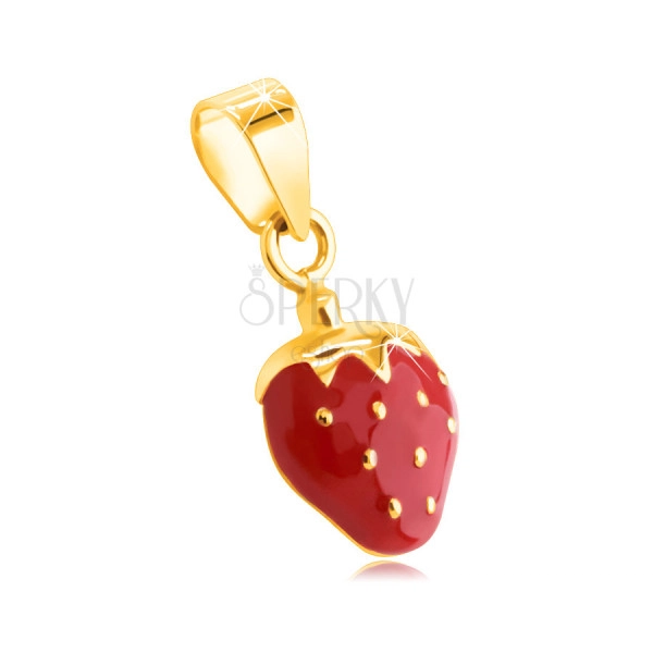 Висулка от 14К жълто злато – ягода с червен гланц, златисти семки