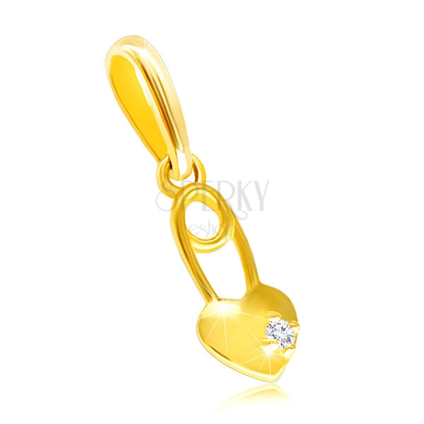 Диамантена висулка от жълто 9К злато - сърце с прозрачен брилянт, малка безопасна игла