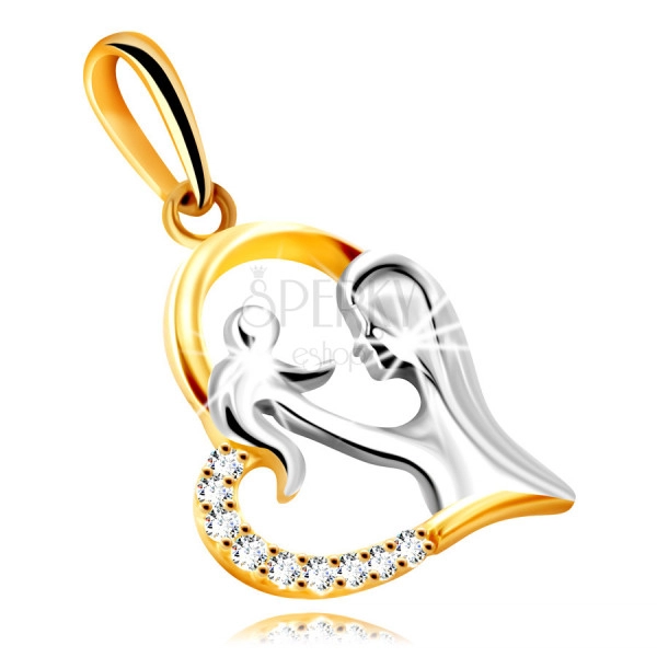 Диамантена висулка от комбинирано 14К злато - сърце с майка и дете, брилянти
