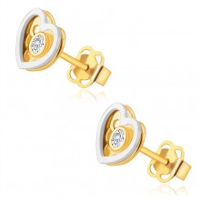 Диамантени обеци от комбинирано 14К злато - сърце, кръгъл, прозрачен брилянт