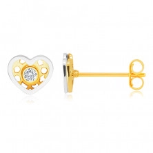 Диамантени обеци от комбинирано 14К злато - сърце, кръгъл, прозрачен брилянт