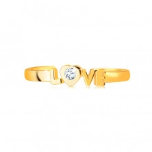 Диамантен пръстен от 14К жълто злато с отврени рамене - надпис “LOVE”, брилянт