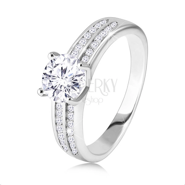 925 сребърен пръстен, годежен - две циркониеви халки, кръгъл, шлифован цирконий в средата