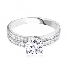 925 сребърен пръстен, годежен - две циркониеви халки, кръгъл, шлифован цирконий в средата