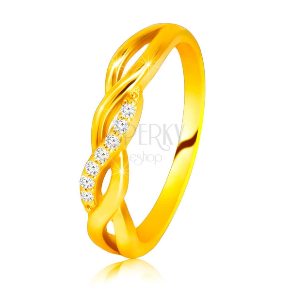 Лъскав пръстен от 14К жълто злато - преплетени вълни, линия от брилянти