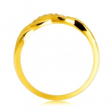 Лъскав пръстен от 14К жълто злато - преплетени вълни, линия от брилянти