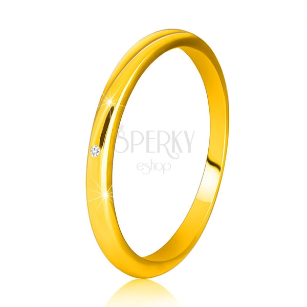Диамантен пръстен от 14К жълто злато - тънки гладки рамене, прозрачен брилянт