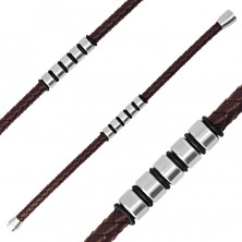 Тъмнокафява кожена гривна - сплетен шнур с метални ролки и гумички, магнитна закопчалка 