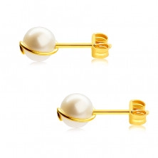 375 златни обеци - култивирана бяла перла, тънка вълниста линия, на винт