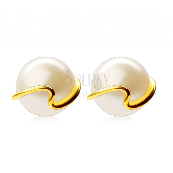 375 златни обеци - култивирана бяла перла, тънка вълниста линия, на винт