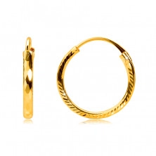 Обеци от жълто злато проба 585 - кръгове със странични жлебове и диамантени срезове, 12 мм 