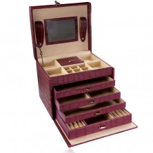 Кутия за бижута куфар в лилаво бордо, крокодилска шарка, метални детайли в сребърен нюанс 