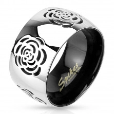 Пръстен от стомана 316L, сребристо-черен цветен дизайн, гравирани рози 