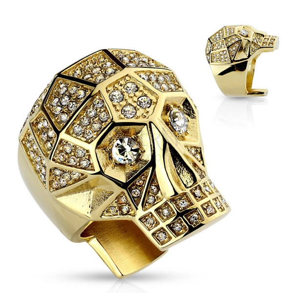 Масивен пръстен от 316L стомана, златен цвят, череп, прозрачни кристали 